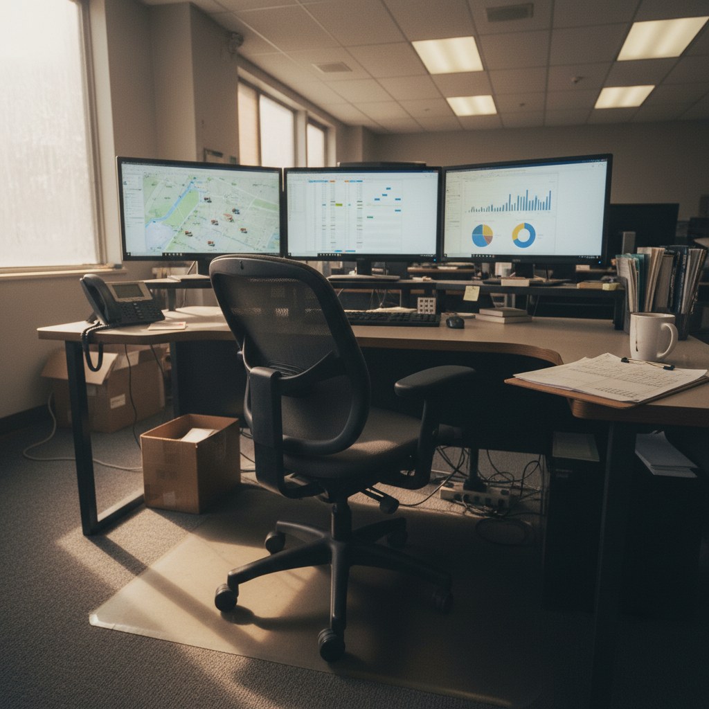 Waste hauler dispatcher seat with three monitors showing fleet map, route list, and stop dashboard